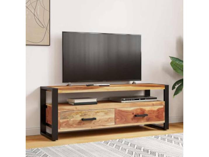 GKHPYURE TV-Schrank 120 x 35 x 45 cm, Massivholz, bernsteinfarben Massives Akazienholz und Gummi, bernsteinfarbenes Finish, pulverbeschichteter Stahlrahmen, zwei Schubladen, ein Regal