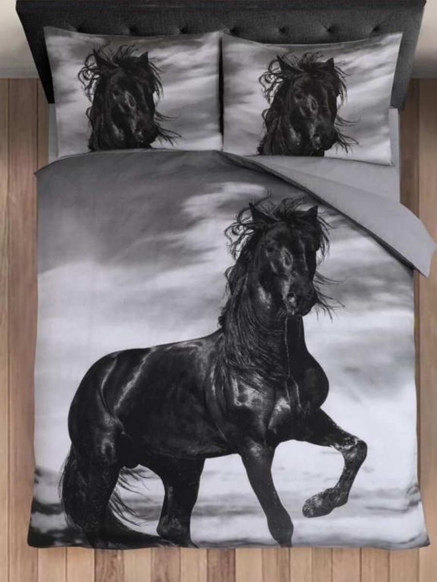 Cotton Club Dekbedovertrek Paard - Eenpersoons - Zwart/Grijs - 140 x 200 cm