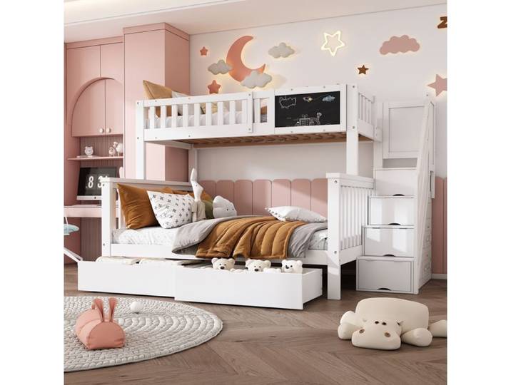 Lit superposé enfant blanc 90 × 200 + 140 × 200 cm avec rangements