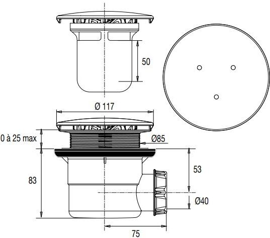 Bonde de receveur à capot métal rond 117 mm pour douche D90 sortie verticale VALENTIN 00 553000 000 00