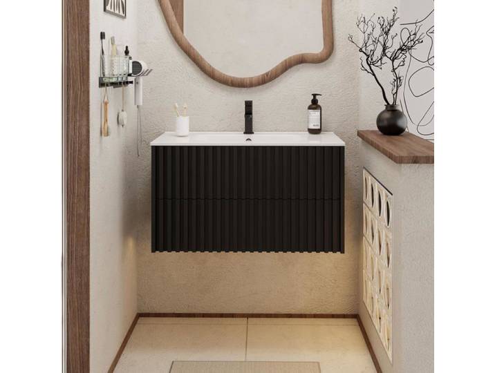 GOOBUY Meuble Salle de Bain 90cm Meuble Suspendu avec Lavabo en Céramique Poignée Cachée Motif de Ligne 90 x 45 x 50cm Noir