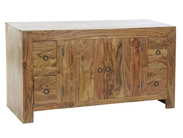 DRW Buffet mit 2 Türen und 4 Schubladen aus massivem Akazienholz, Natur, 110 x 40 x 60 cm
