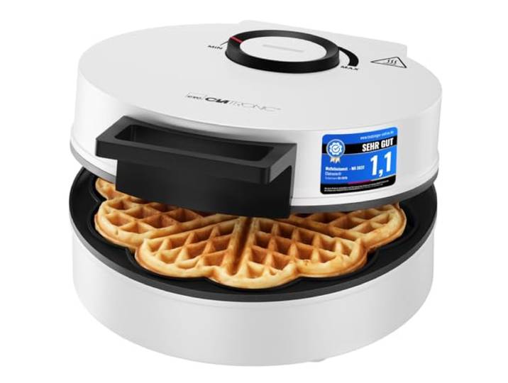 Gaufrier Clatronic en forme de cœur avec revêtement antiadhésif régulateur continu pour un brunissage à votre goût Gaufrier en forme de cœur 1200 W WA 3832 blanc