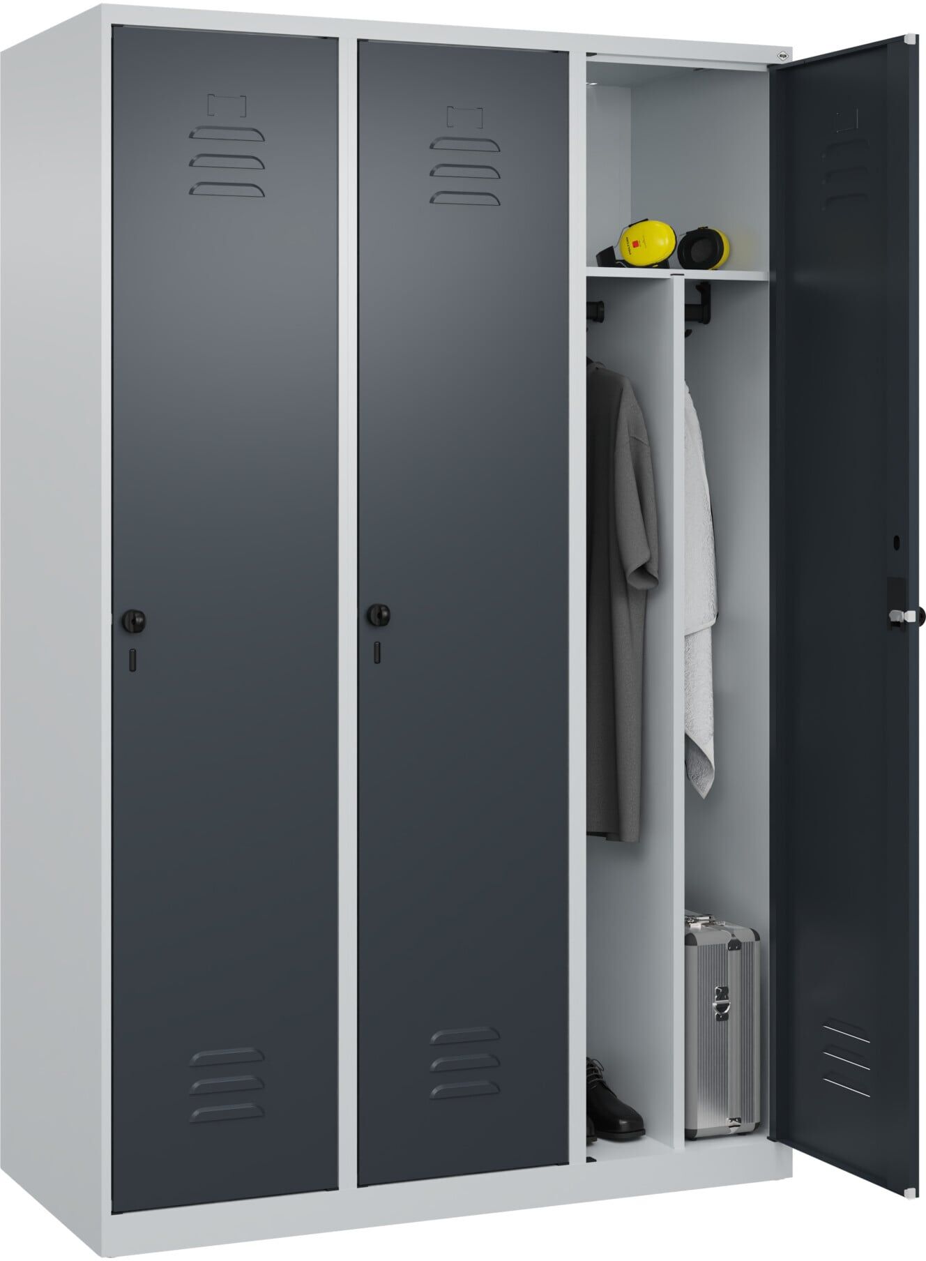 C + P Möbelsysteme C+P Spind Classic PLUS, 3 Abteile, 1850x1200x500mm, 7035/7016 Verschluss Sicherheits-Drehriegel 4 Garderobenhaken Trennwand mittig ; C + P Möbelsystem (080000-32F S10002)