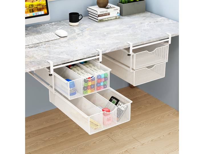 Boîte de rangement invisible de type tiroir pour bureau, à suspendre sous le bureau, organisateur de papeterie sans perçage, plateau tiroir coulissant double couche