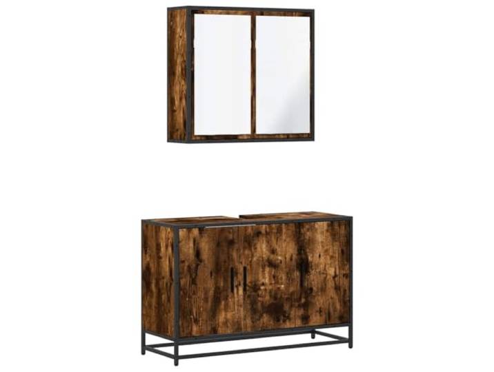 POUFGDR 2-teiliges Badezimmermöbel-Set, rauchfarbene Eiche, Wandschrank Metallrahmen, industrieller Stil, Holzwerkstoff, wesentliche Aufbewahrung, Loch für Spüle, Räume mit begrenztem Platz