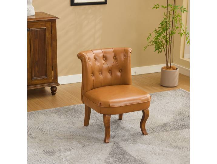 Fauteuil Marron Clair En Cuir Véritable Et Bois Massif Avec Dossier Capitonné