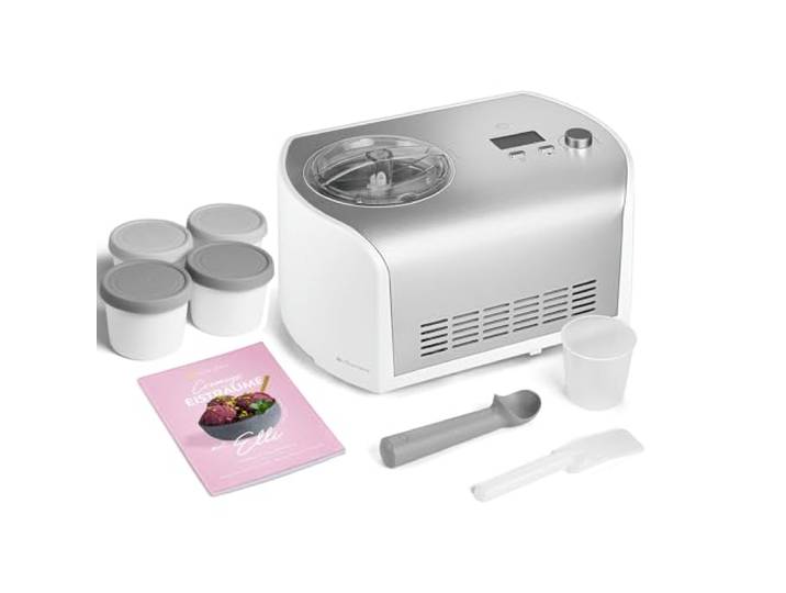 SPRINGLANE Eismaschine Elli 1,2 L mit selbstkühlendem Kompressor 135 W, Eiscrememaschine aus Edelstahl mit entnehmbarem Eisbehälter, inkl. Rezeptheft (Eismaschine+ 4 Eisbehälter Mini 400ml Grau)