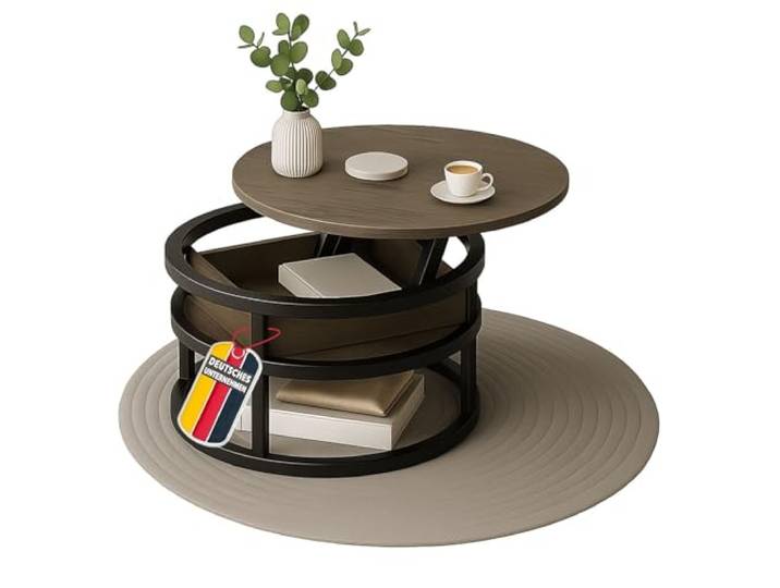 Coemo Couchtisch Swing, Grau, verstellbare Tischplatte, verdecktes Fach Metall & Holz, Beistelltisch für Wohnzimmer, Sofatisch rund mit Stauraum, Metalltisch modern, Tisch für die Couch