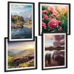 BILDER SET 4er Set - 50x50 cm & 40x60 cm Schwarzer Rahmen - Blumengarten, Bergwiese, Wasser