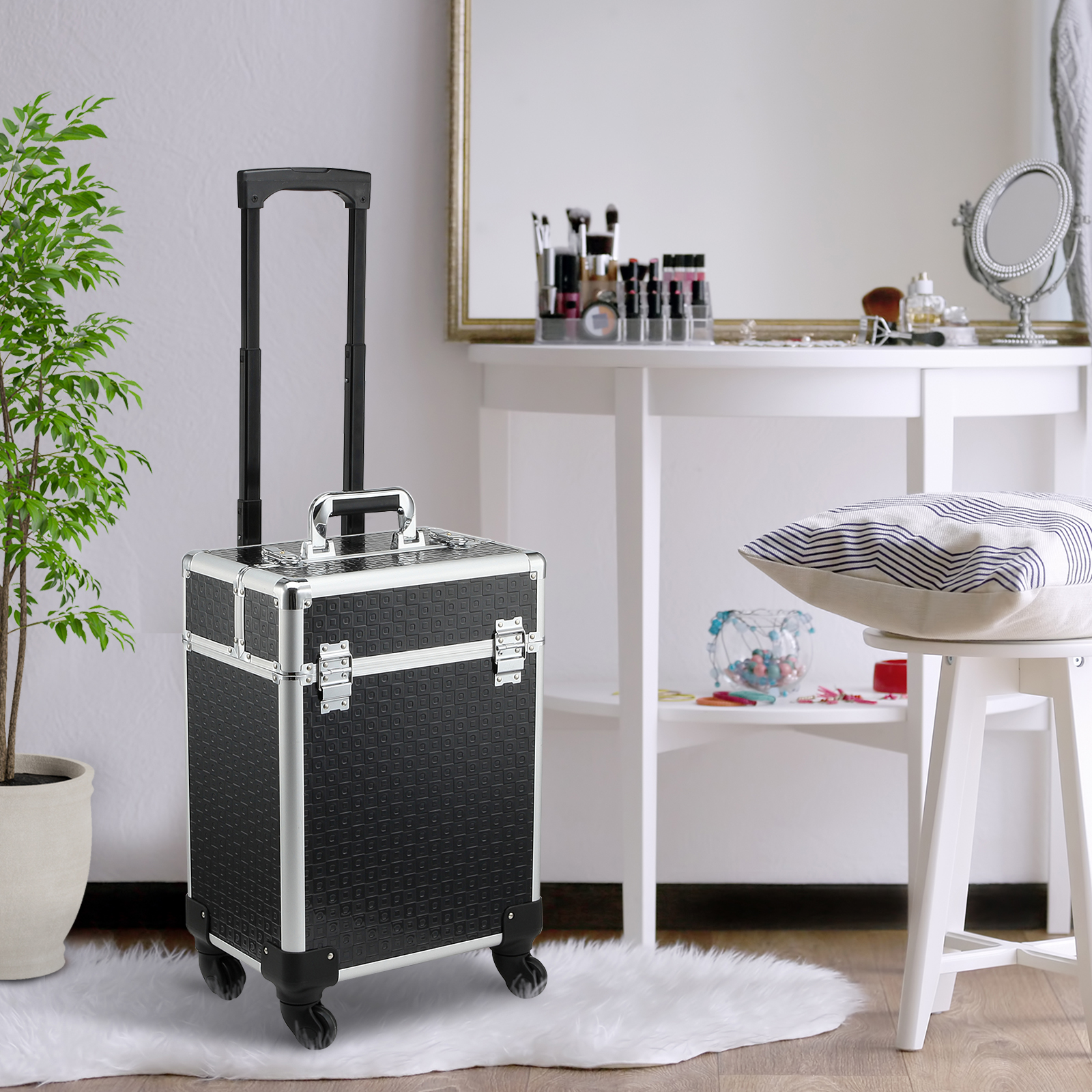 Homcom Valigia da Trucco Professionale con Ruote Manico 2 Vassoi Scomparto Inferiore Nero   Aosom Italy