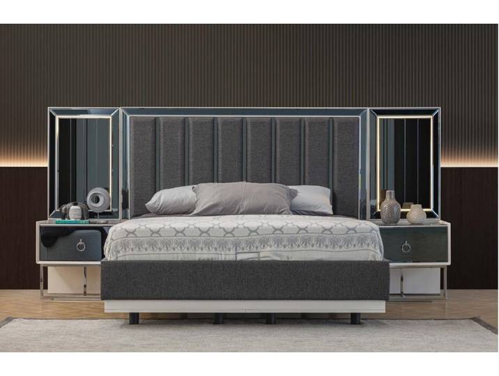 JVmoebel Schlafzimmer-Set Graue Schlafzimmerausstattung aus Edelstahl mit Nachtkommoden, (3-tlg., Bett + 2х Nachttische), Made in Europa
