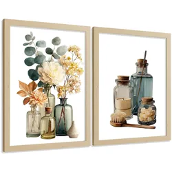 POSTER 2er-Set dekorative Badezimmer-Poster, minimalistische Wandbilder für Waschbecken, moderne Dekoration mit Blumen und Flaschen Rahmenlos A3