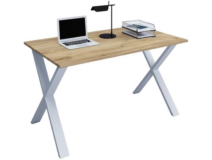 VCM Schreibtisch Silber/Honig-Eiche 140x50x76 cm Büro Homeoffice Metallfüße