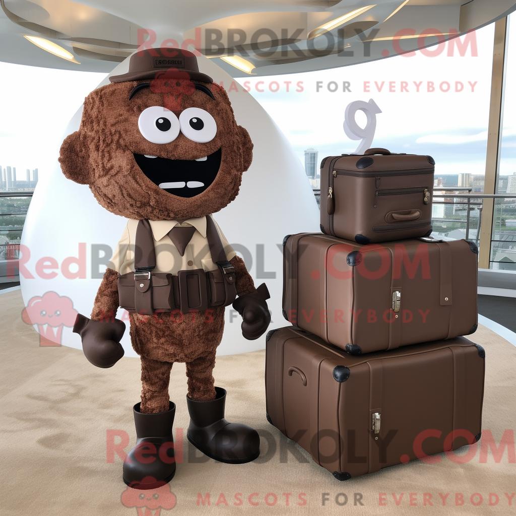 Maskottchen-Charakter REDBROKOLY einer braunen Hochzeitstorte gekleidet in Cargohose und Aktentasche