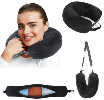Uplifted Finds Travel Neck Pillow With Fillable Clothing Pillowcase And Velvet Cover black 1