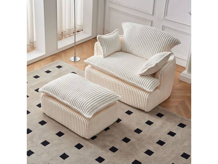 Fauteuil Cloud avec pouf convertible en tissu velours côtelé doux pour petits espaces salon et studio