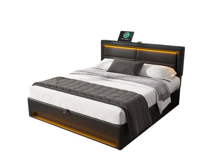 Redom Polsterbett 140/200 cm mit USB-Ladefunktion, LED-Beleuchtung und Bettkasten, PU in Litschi-Optik, Schwarz, Kunststoff, 140x200 cm, Schlafzimmer, Betten, Polsterbetten