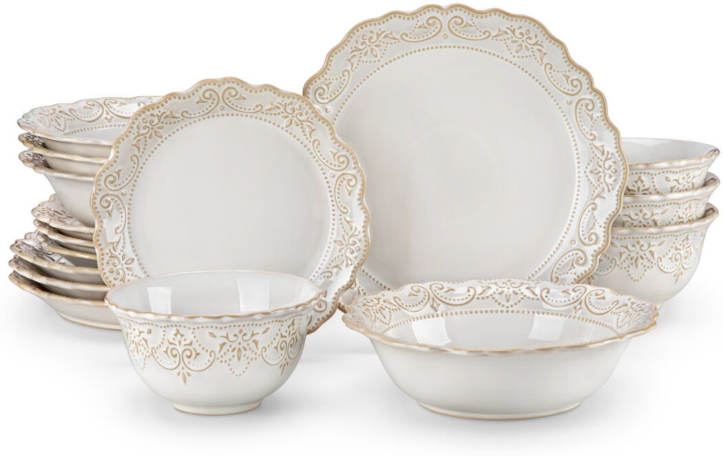 MALACASA 16 Piece Ceramic Dinnerware Sets, Kitchen Dinnerware, Blue Dinnerware With Bas-Relief Around The Edge, Royal Style, For 4 People, Dinner Plate, Desser White 16