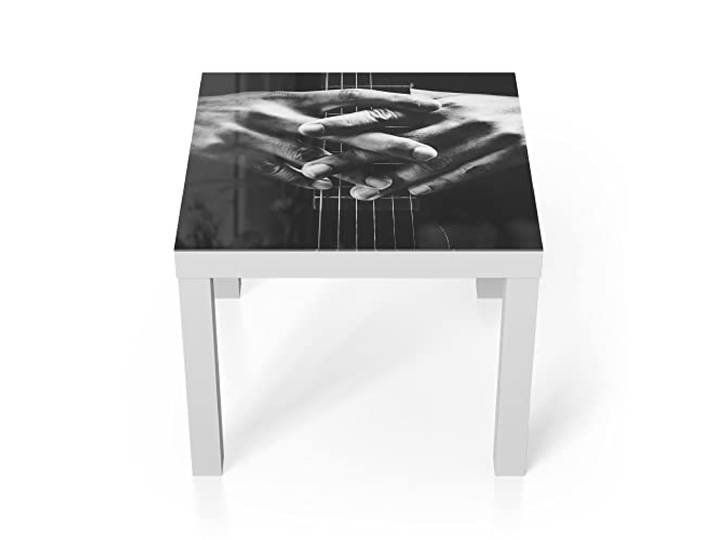 DEQORI Glastisch weiß klein 55x55 cm Motiv Mann hält Gitarrenhals ausgefallener Beistelltisch aus Glas Hochglanz Couchtisch fürs Wohnzimmer moderner Couch Tisch mit Design