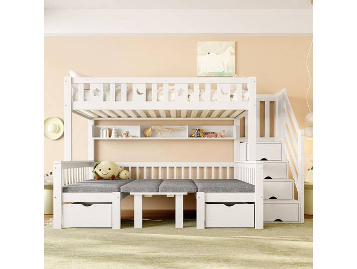 Lit mezzanine - 90x200 2-en-1 - Bureau pliant - Rangement escalier - Bois blanc