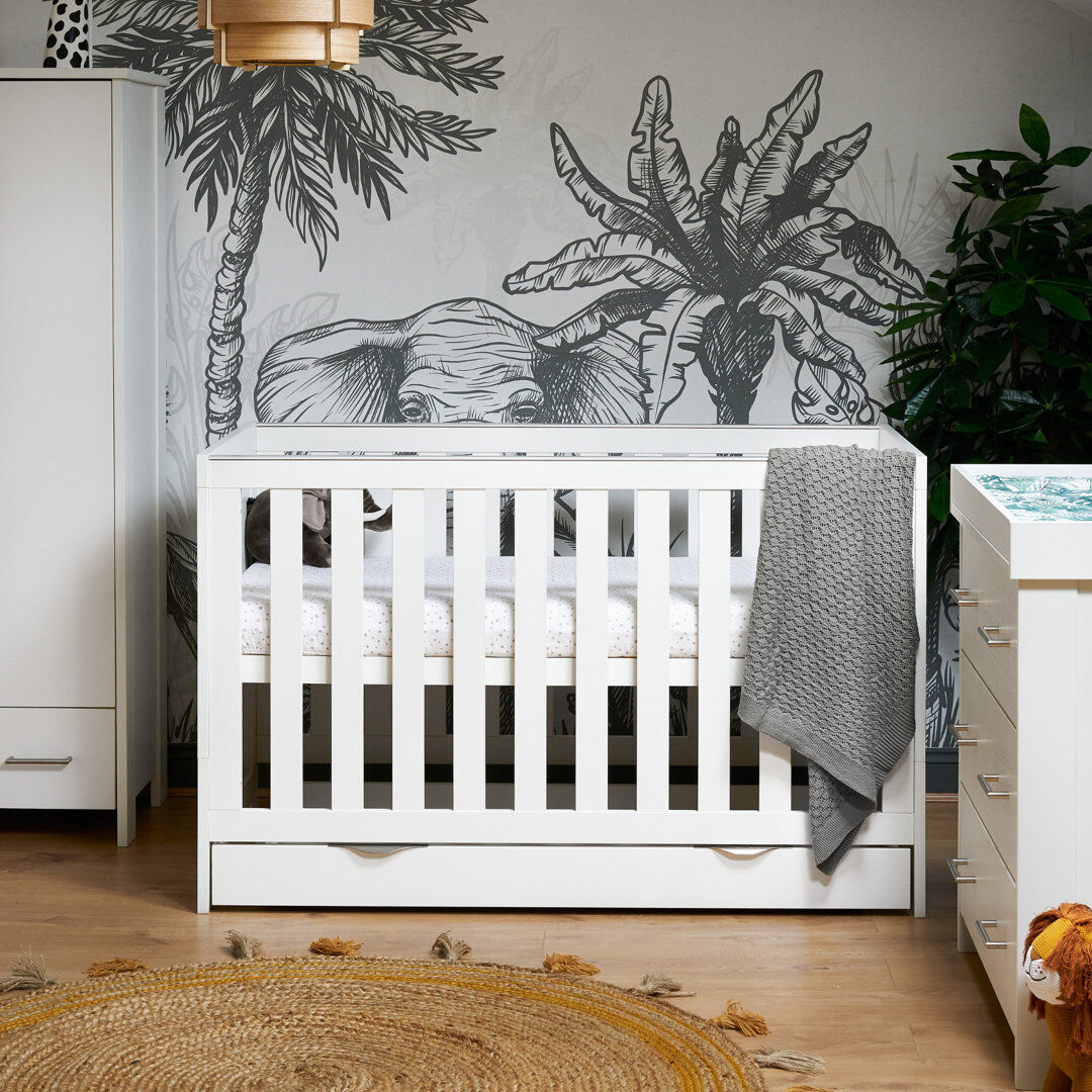 Obaby Nika Cot Bed & Under Drawer - White Wash Standard