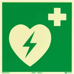 Rettungszeichen Defibrillator langnachleuchtend, Kunststoff, ISO 7010 200 x 200 mm, grün, weiß