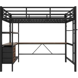 MODFU Hochbett Metall Schwarz 140x200 cm mit LED-Beleuchtung, Schreibtisch, USB/Steckdose, 3 Schubladen