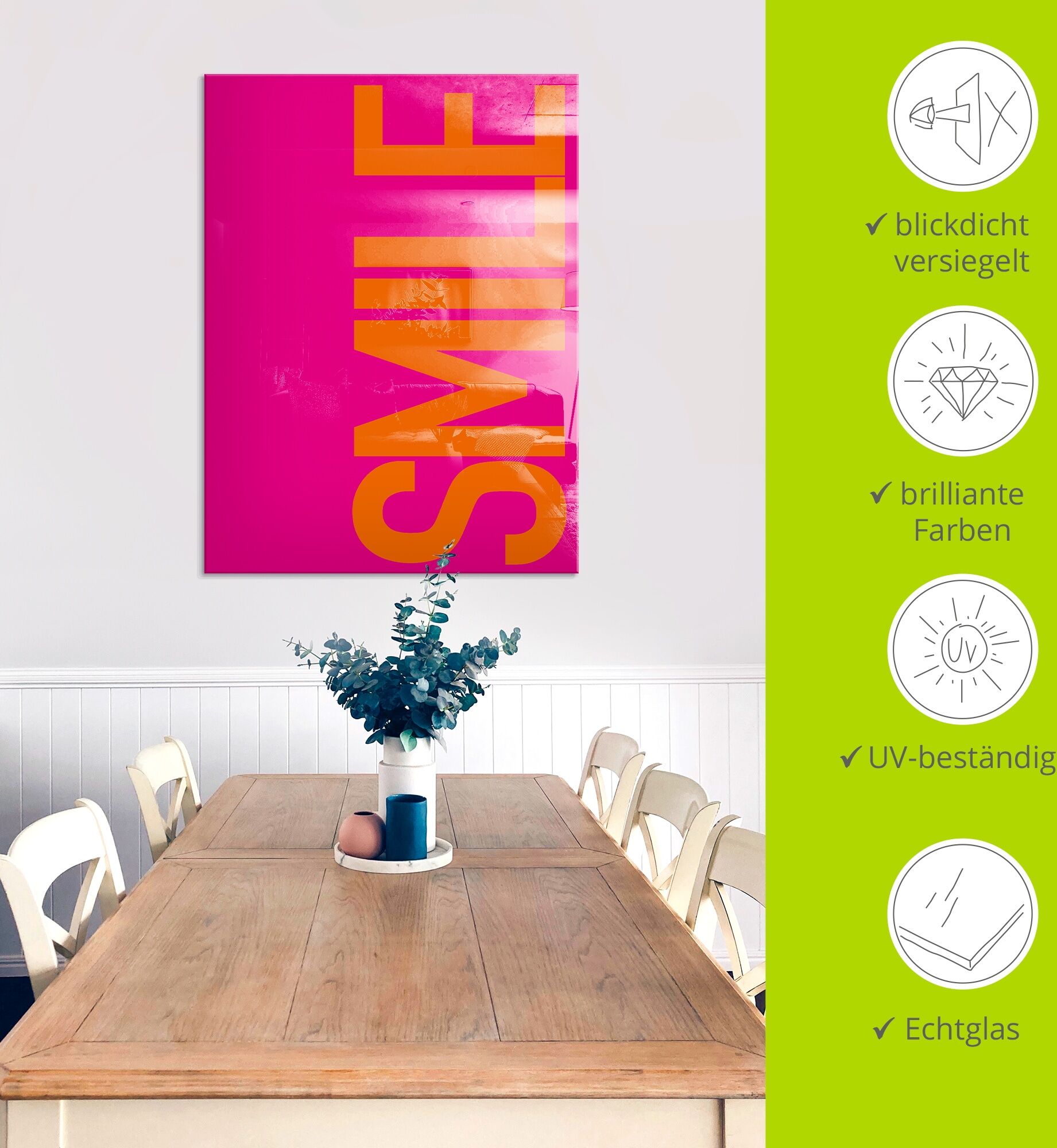 Glasbild ARTLAND "Smile", pink (farbe bild(er): pink), B:45cm H:60cm, Bilder, Glasbild, in verschiedenen Grössen farbe bild(er): pink B/H/T: 45cm x 60cm, Glasbild Sprüche & Texte Hochformat, 1 Stk.