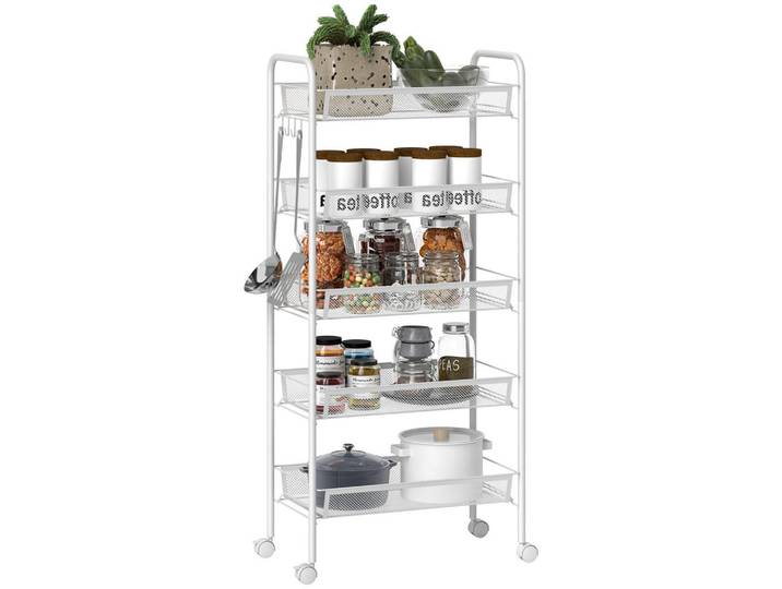 ComfortXL Küchenwagen De-08524 5 Drahtkörbe & 4 Haken Weiß, Metall, 26.5x106x45 cm, Esszimmer, Servierwagen