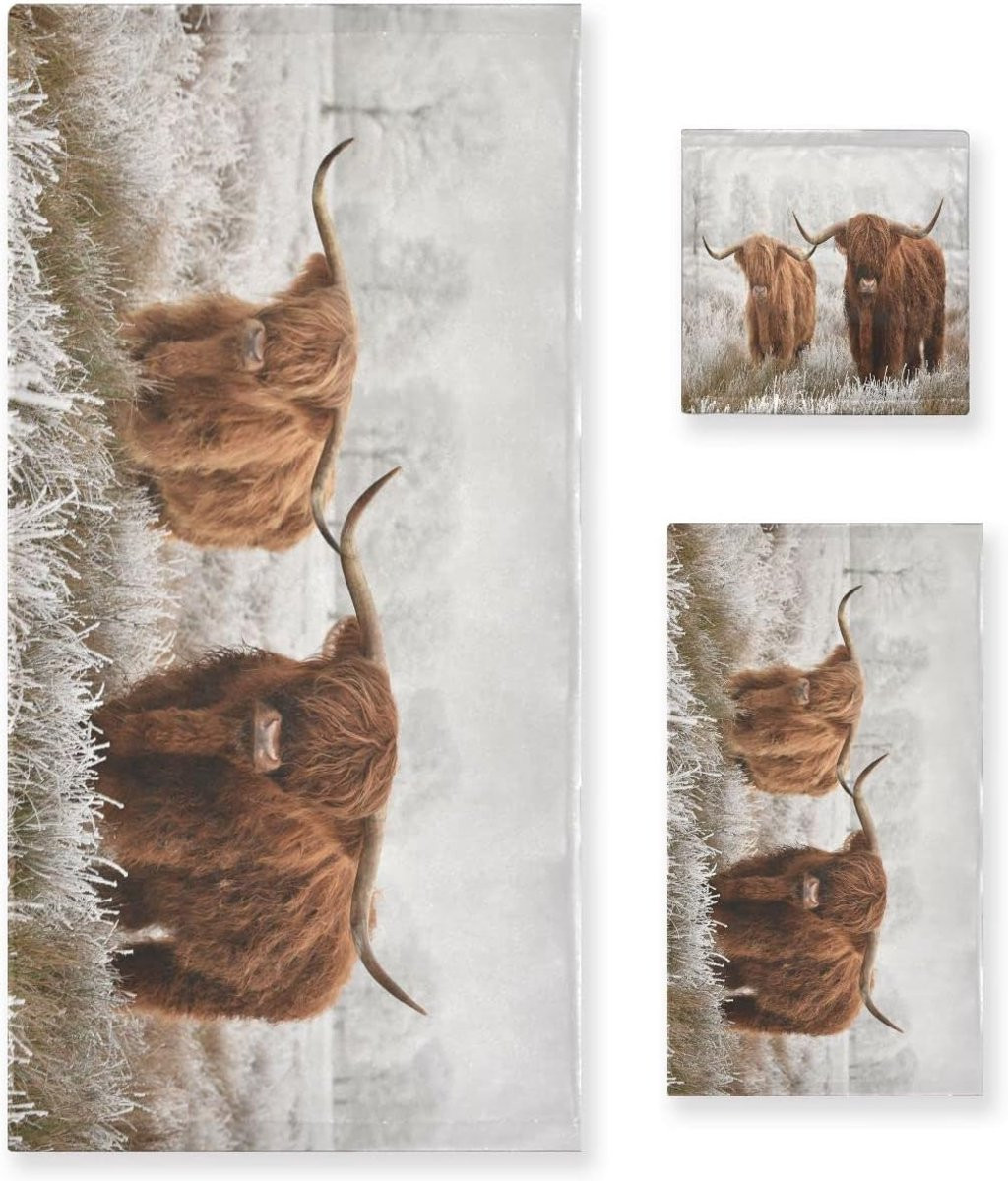 3-delige badkamer textiel set met handdoeken en waslap in Hooglandvee print