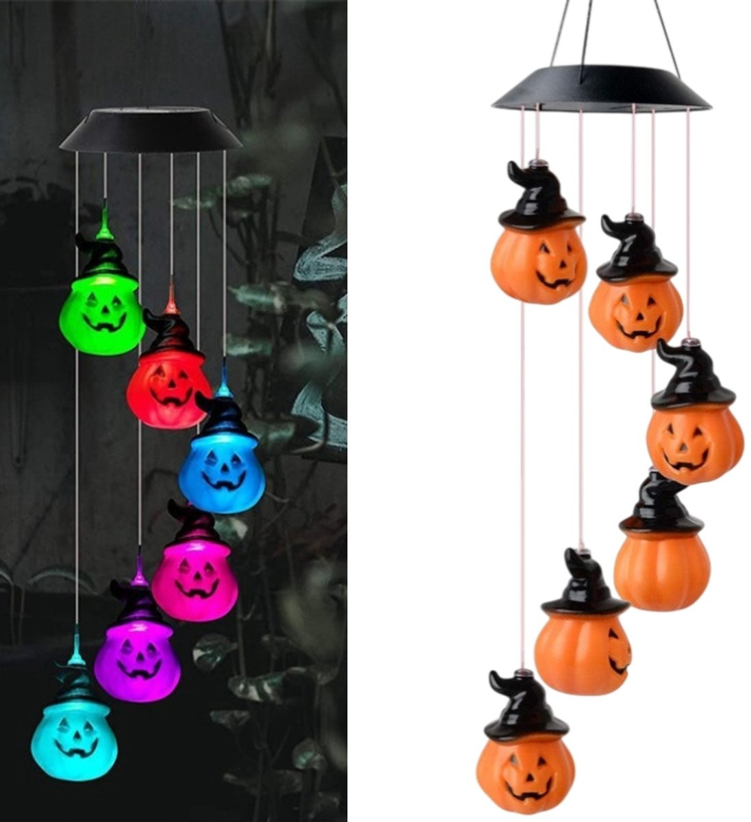 Merkloze Halloween pompoenlantaarn met zonne-energie - Oranje LED tuinverlichting met zeven kleurenwisseling - H 63,5 cm x B 12,7 cm