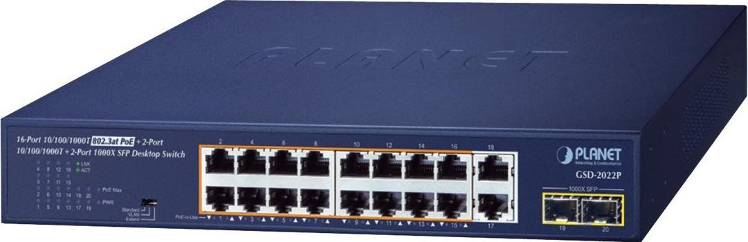 Planet Technology Corp. GSD-2022P 16-Port GE 802.3at + 2-Port GE + 2-Port 1000X SFP Switch