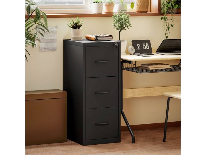 HOMCOM Classeur 3 Tiroirs Acier Noir 36.5x46.2x99 cm