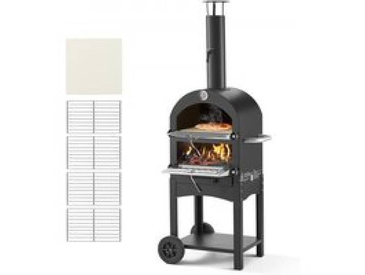 VEVOR Pizzaofen 12 Zoll Pelletöfen, 2-lagiger Pizzaofen mit Holzfeuerung, Holzbefeuerter Ofen Outdoor mit 2 abnehmbaren Rädern, Pizzamaker mit Höchsttemperatur von 540 °C zum Grillen