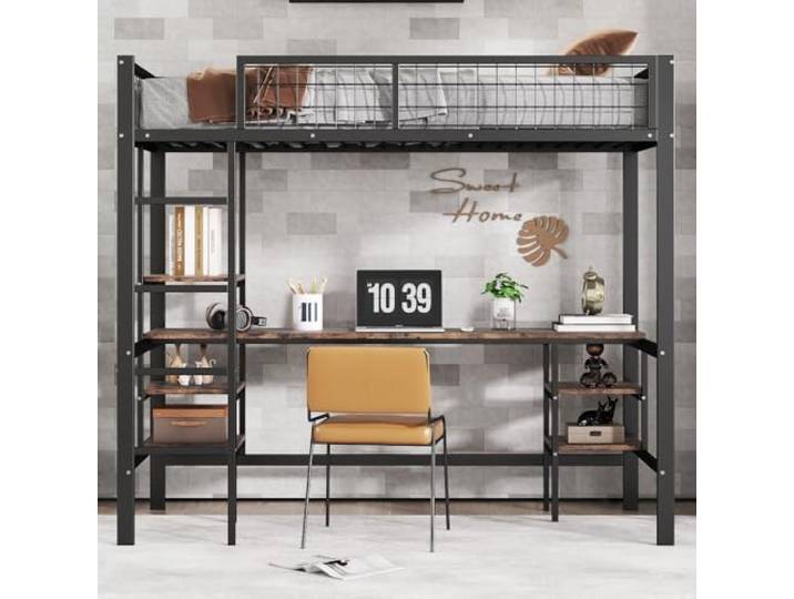 I0I&I0I Eisen Etagenbett mit Tisch und Regal, 90x200 cm, Platzsparendes Hochbett mit 4-stufiger Leiter für Kinder und Jugendliche