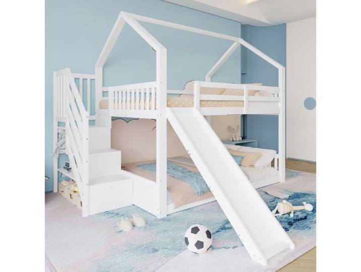 HOMVRA Lit superposé enfant cabane 140x200 cm avec escalier de rangement toboggan barrières blanc