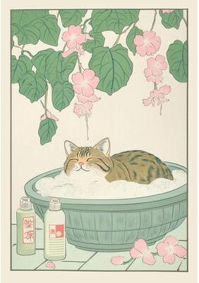 Uplifted Finds Japanese Tabby Cat In Bathtub Canvas Art   Retro Japandi Bathroom Poster 1 30 X 42 Cm Unframed