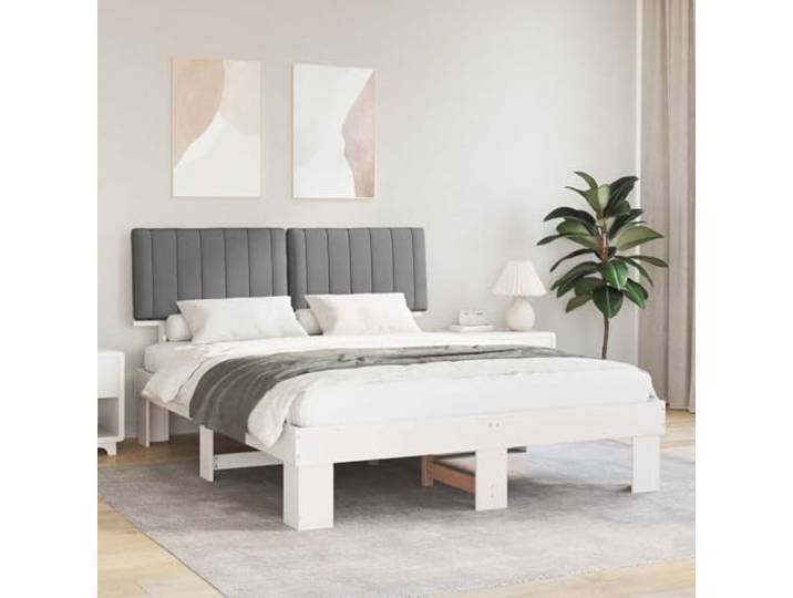 Kiefernholz mit gepolstertem Kopfteil modernes Design 150 x 200 cm Hellgrau Bettgestell 150x200 mit gepolstertem Kopfteil Hellgrau Massives Kiefernholz Stabil Modernes Design ohne Boxspring