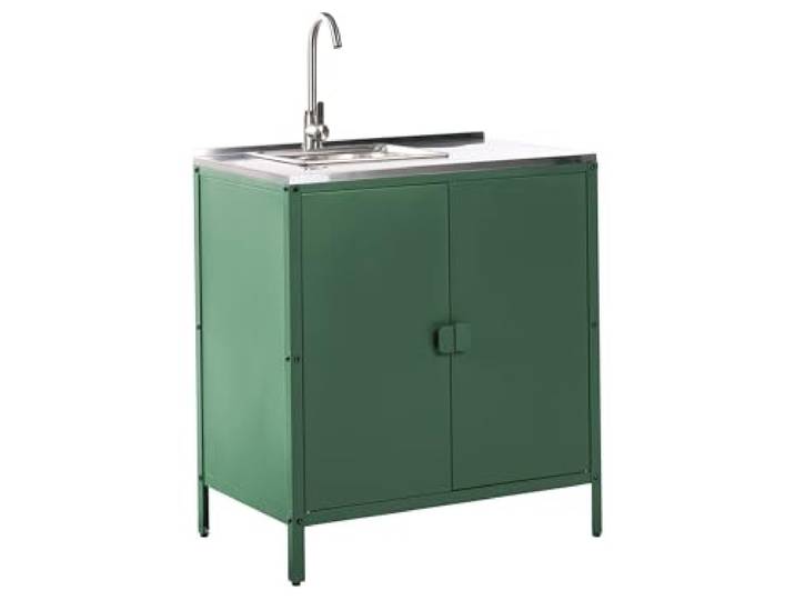 Outdoor-Küchenschrank Stahl grün mit Spüle Edelstahlplatte silber Vilama