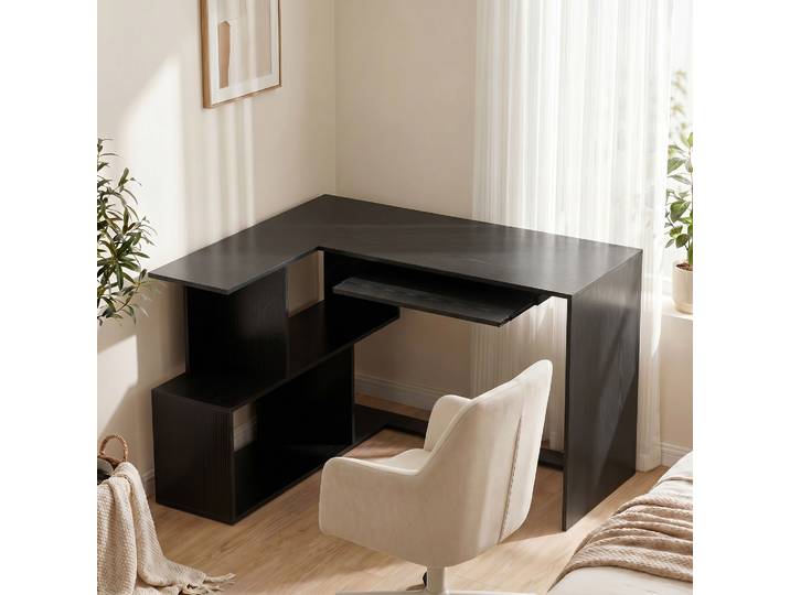HOMCOM Bureau d’Angle en L 120x100cm Noir 4 Compartiments Clavier