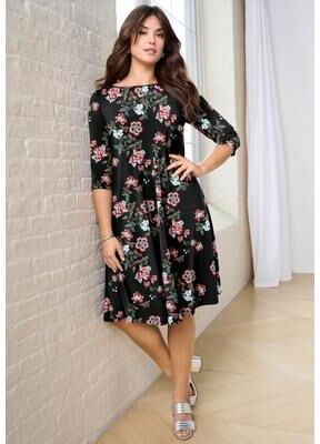 Plus Size Women's Plus Size 3/4 Sleeve Boatneck Swing Dress by Roaman's in Black Spaced Blooms (Size 18/20)