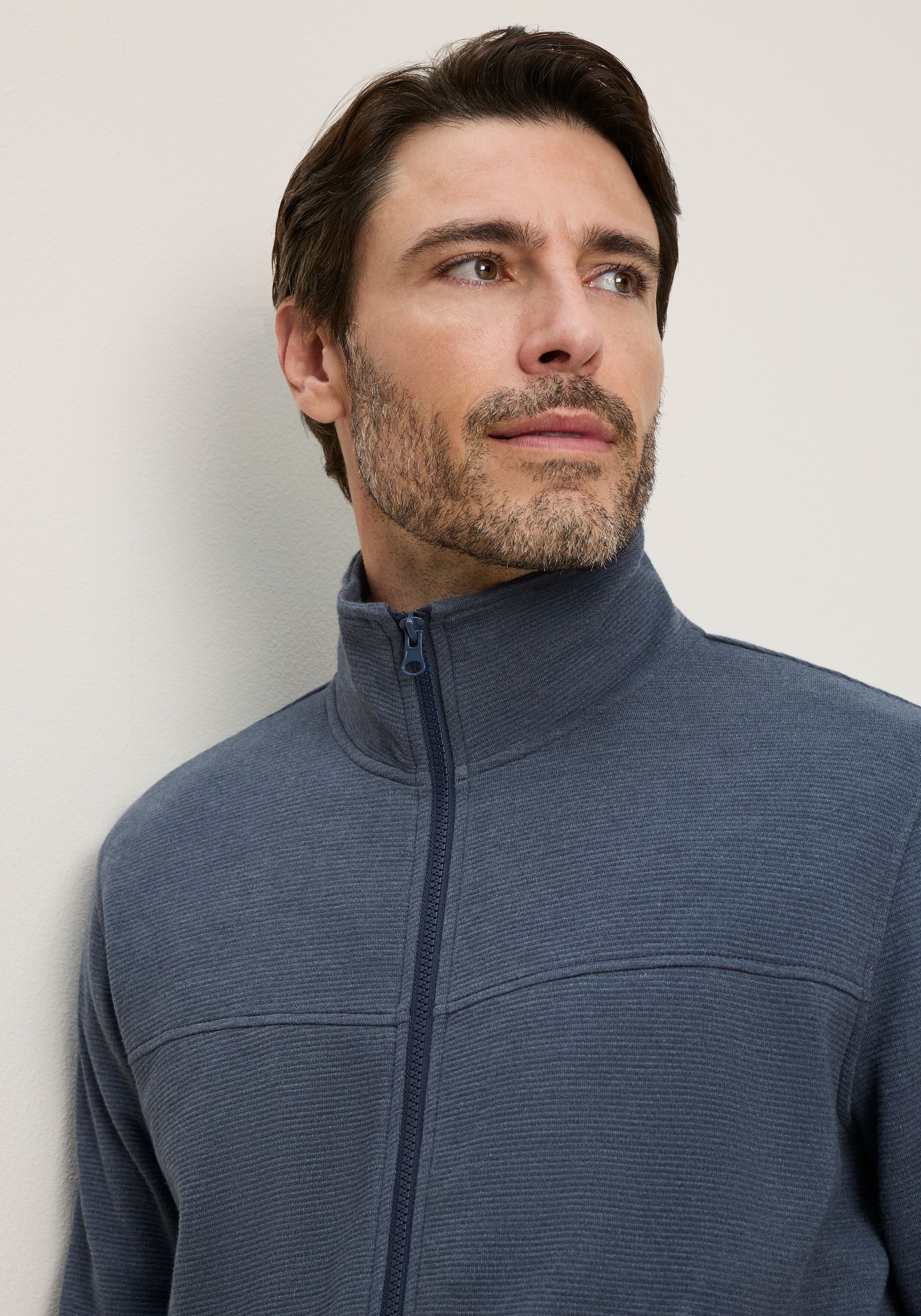 Sweatjacke MAN'S WORLD, Herren, Gr. 5XL, grau (blau), Obermaterial: 60% Baumwolle, 40% Polyester, gestreift, angesetztes Bündchen, Sweatjacken Sweatjacke, mit hochschliessendem Kragen, markante Querteilungsnaht blau 5XL