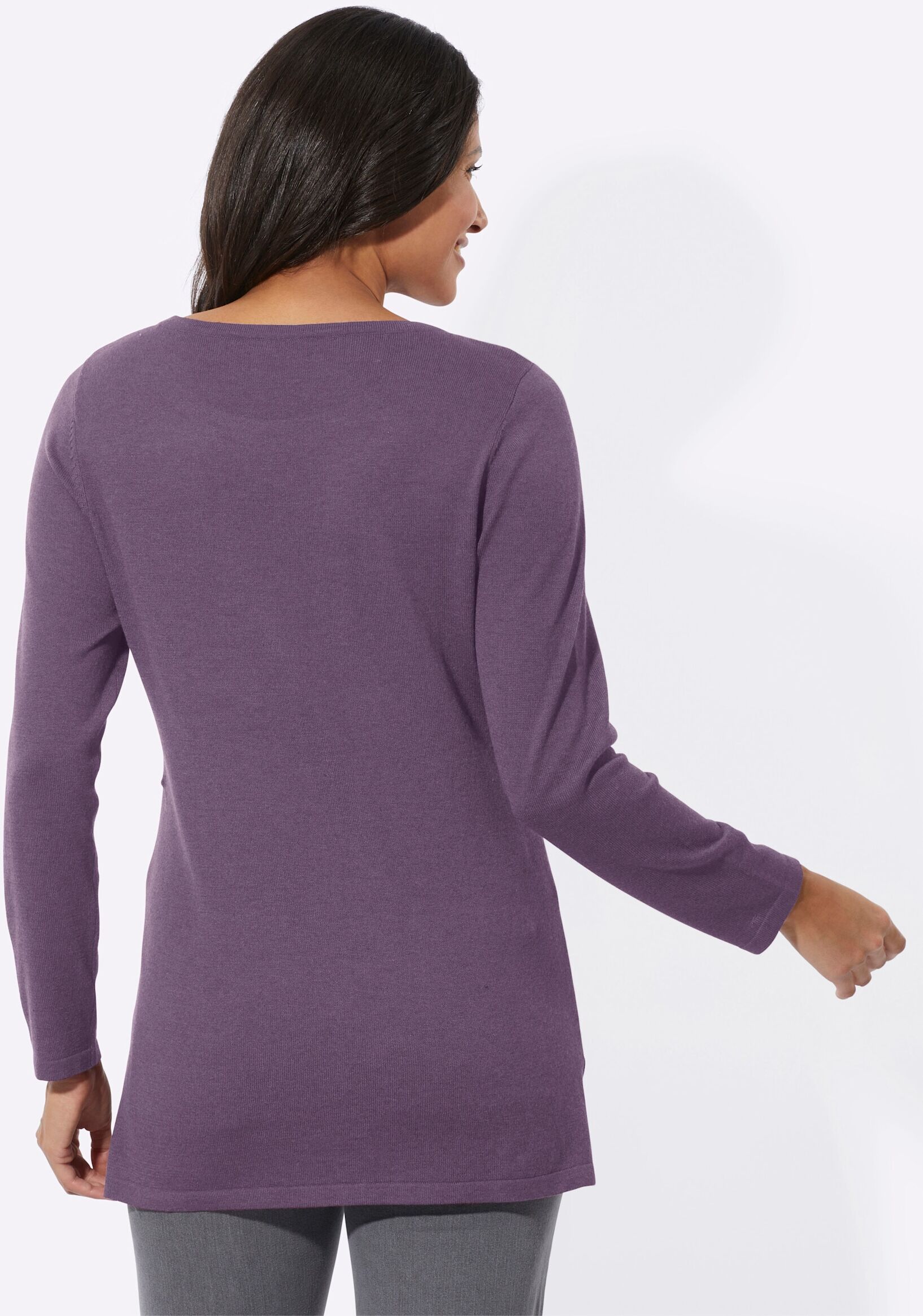 Sieh An! Longpullover SIEH AN "Longpullover Longpullover in leichter A-Linie", Damen, Gr. 38, lila (feige, meliert), Strick, , Modisch, Rundhals, Pullover Longpullover