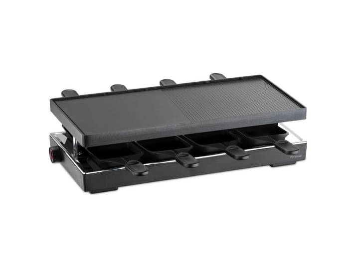 Trisa Electronics Raclette-Grill, Schwarz, Metall, Kunststoff, 43.5x11x21.5 cm, RoHS, Temperaturregler, Kontrollleuchte, antihaftbeschichtete Raclette-Pfännchen, Ein/Aus-Schalter, rutschfeste Füsse, Tischgrills & Fondues, Raclette-Grills