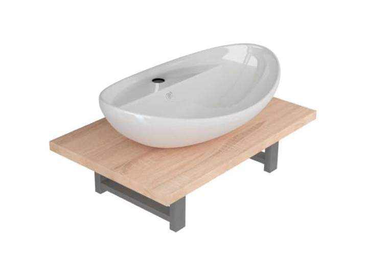 Fisinber 2-tlg Badmöbel-Set mit Keramik Waschbecken Eiche-Optik 60cm Platzsparendes Wandregal mit elegantem Aufsatzwaschbecken für das moderne Badezimmer und Gästewc inklusive Montageset.