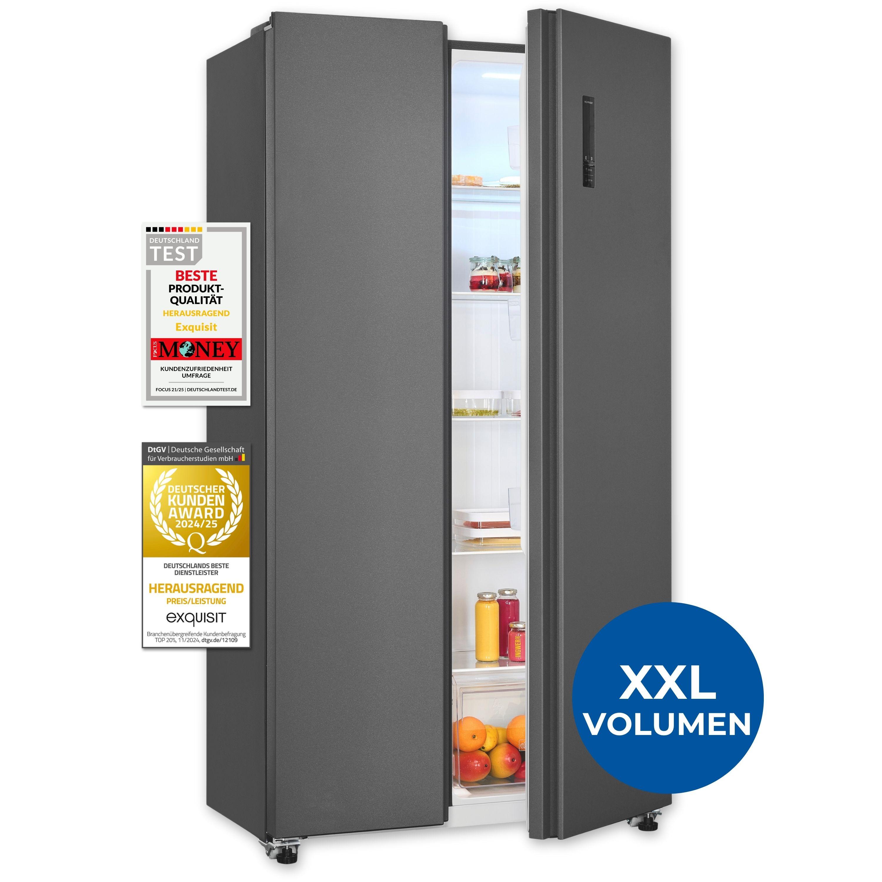 Exquisit Side-by-Side Kühlschrank mit Gefrierteil, 442 Liter, 10 Ablagen, No-Frost, LED-Anzeige, 91 cm Breite, SBS546-040E anthrazit