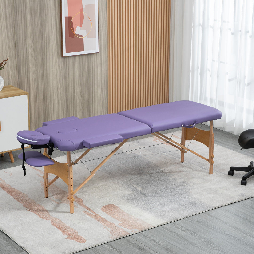 Inbox Zero Amyann Wooden Folding Spa Beauty Massage Table w/ 2 Sections, Carry Bag Purple 92cm H X 81cm W X 210cm D