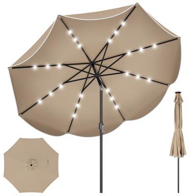 Costway 9 FT Scalloped Solar Patio Umbrella Market Table Umbrella with 24 LED Lights-Tan
