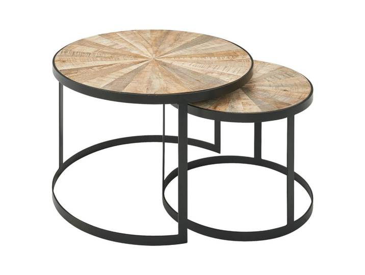 Couchtisch rund Mangoholz massiv 2--teilig. Wohnling Braun
